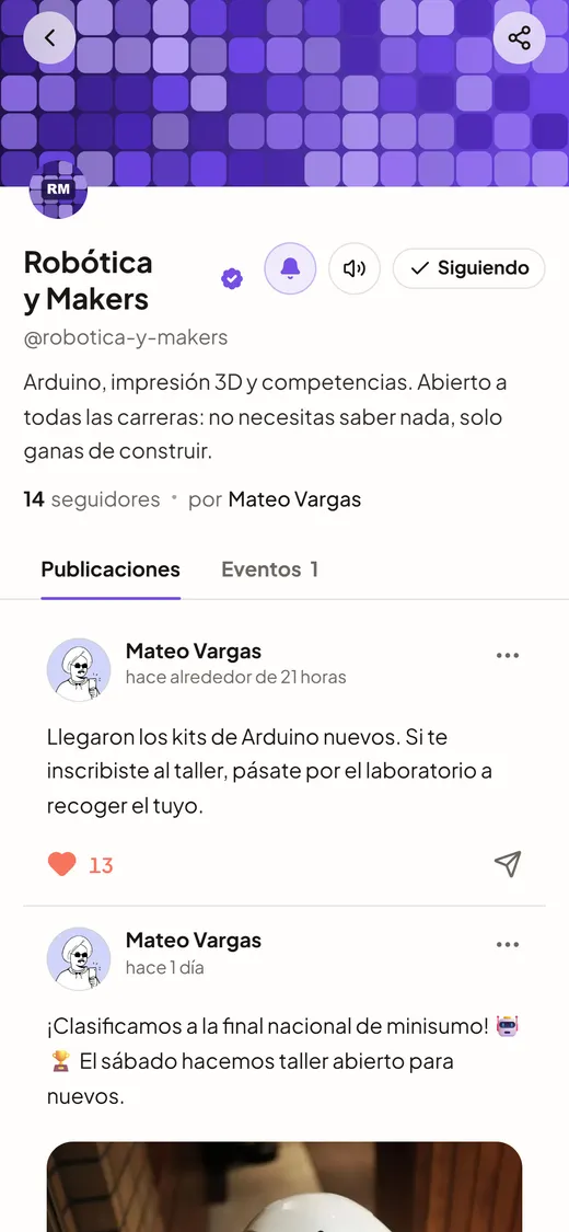 Un canal de robótica en TILE con su portada, seguidores y un anuncio con foto.
