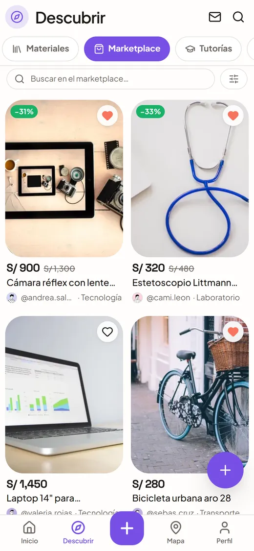 El marketplace de TILE con una laptop, un estetoscopio y una bicicleta a la venta.