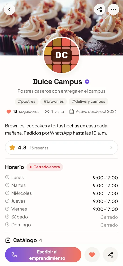 El perfil del emprendimiento Dulce Campus en TILE: postres caseros, reseñas de 4.9 y su horario de atención.