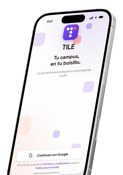 La pantalla de inicio de TILE en un teléfono: el logo, el lema «Tu campus, en tu bolsillo» y el botón Continuar con Google.
